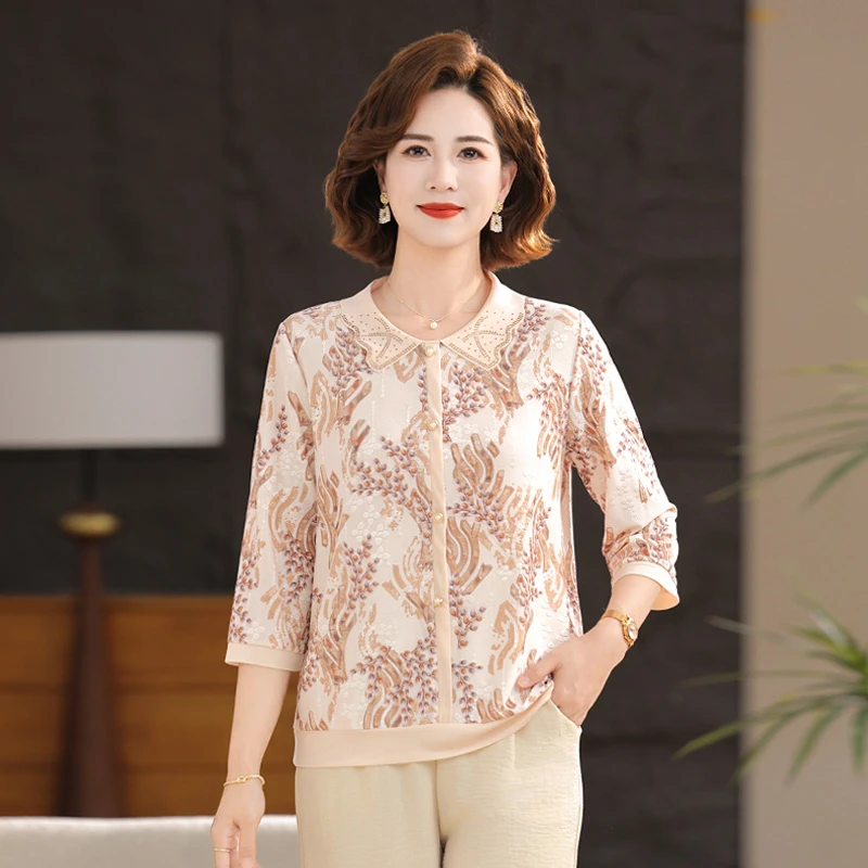时尚妈妈夏装2025新款七分袖翻领T恤小衫中老年女装洋气套装夏