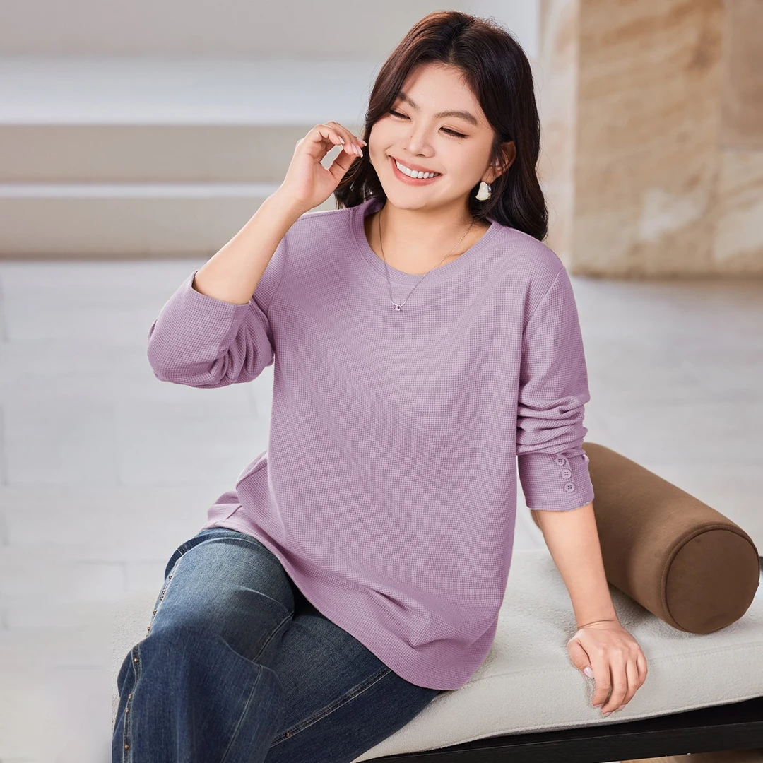MsShe大码女装2025秋装休闲气质华夫格提花肌理显瘦T恤M2509099