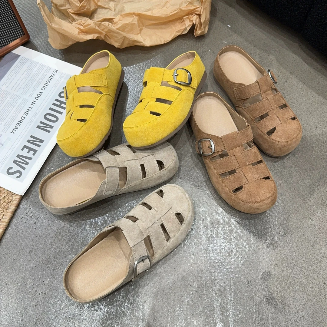 619-5 真皮拼接网面女包头半拖鞋外穿夏季新品软底舒适百搭休闲鞋