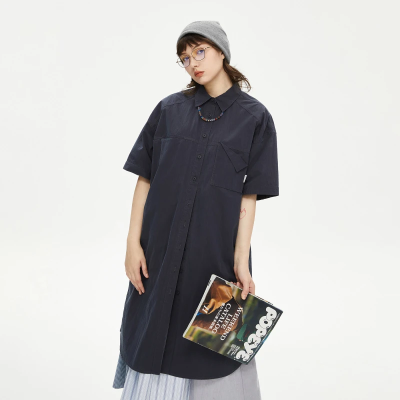 NOTHOMME 极简潮牌夏季长款连衣裙短袖宽松裙子口袋衬衫裙女