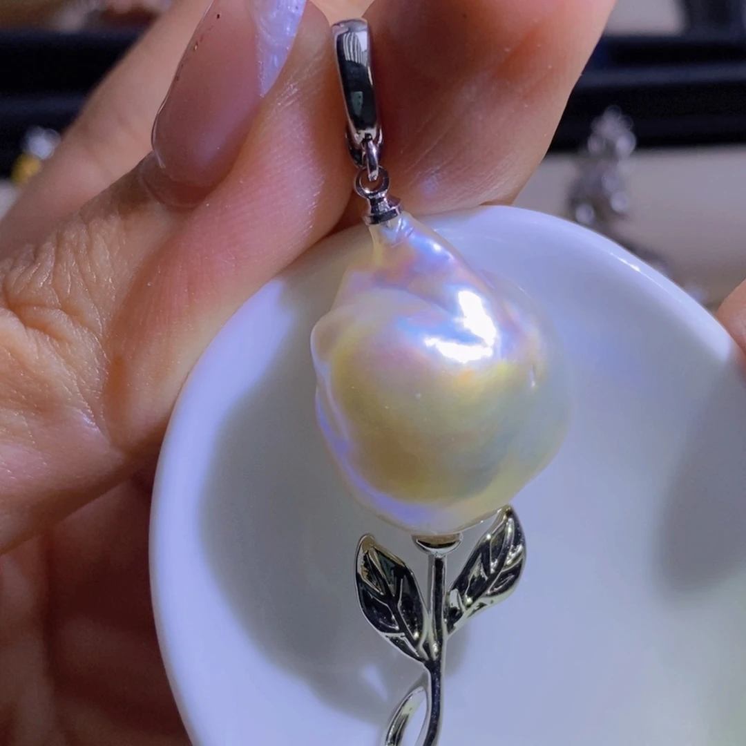 银S925镶嵌淡水珍珠天然珍珠无染色，无优化