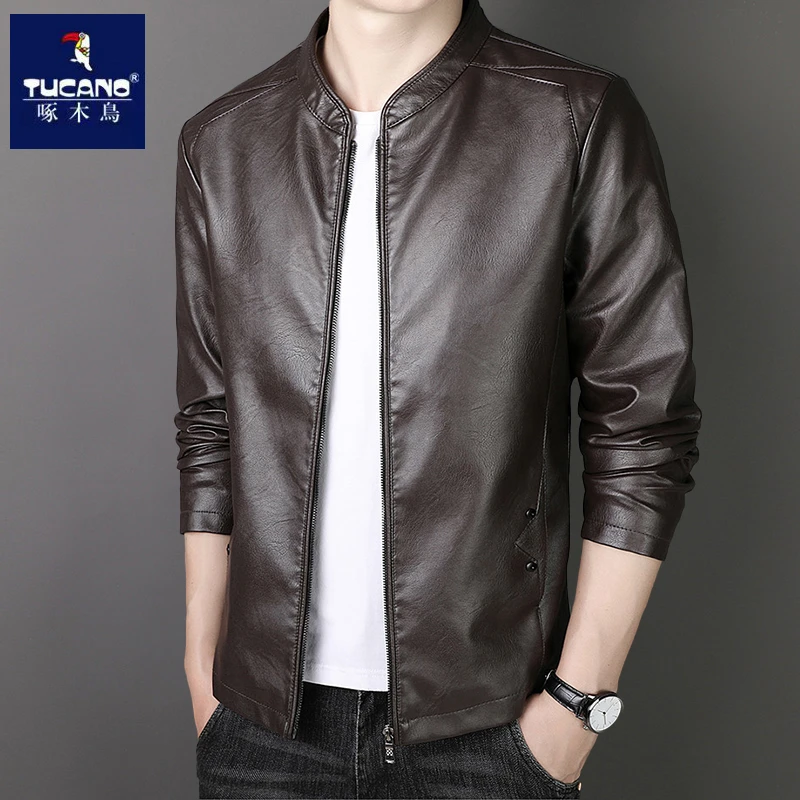 啄木鸟秋冬季新款高档皮衣男士棒球领外套韩版修身机车PU休闲夹克