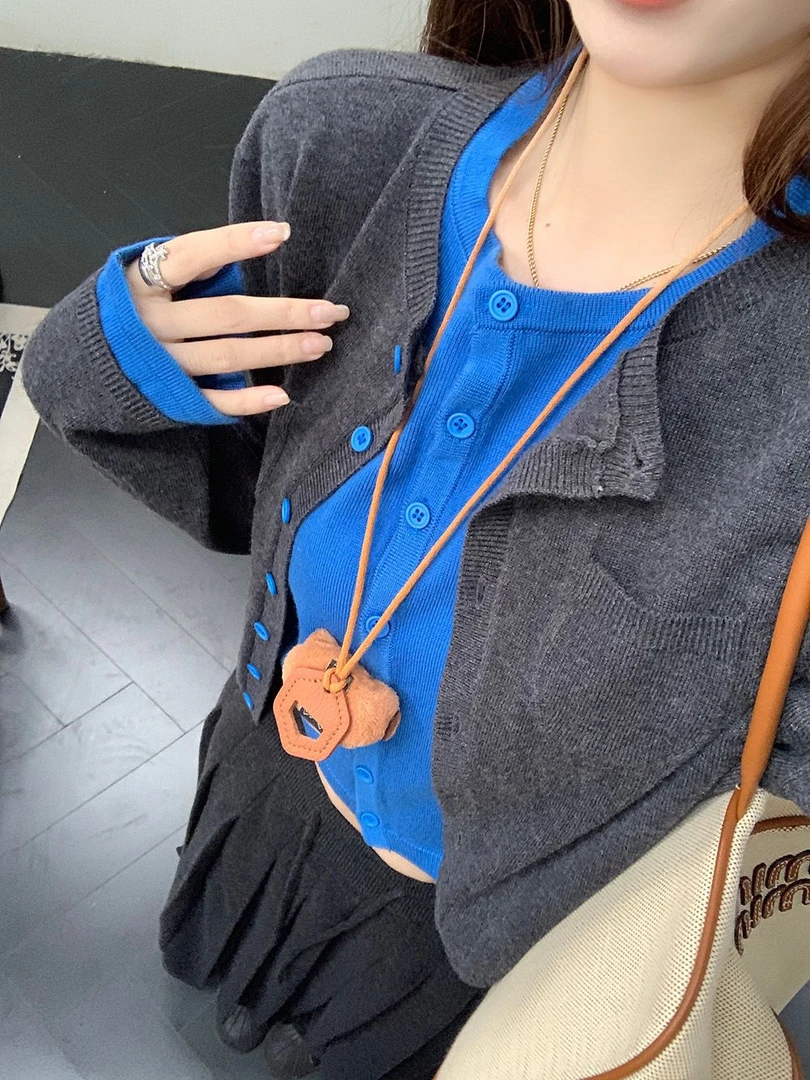 CrimsonTwilight假两件设计针织开衫早秋毛衣女长袖上衣韩系气质