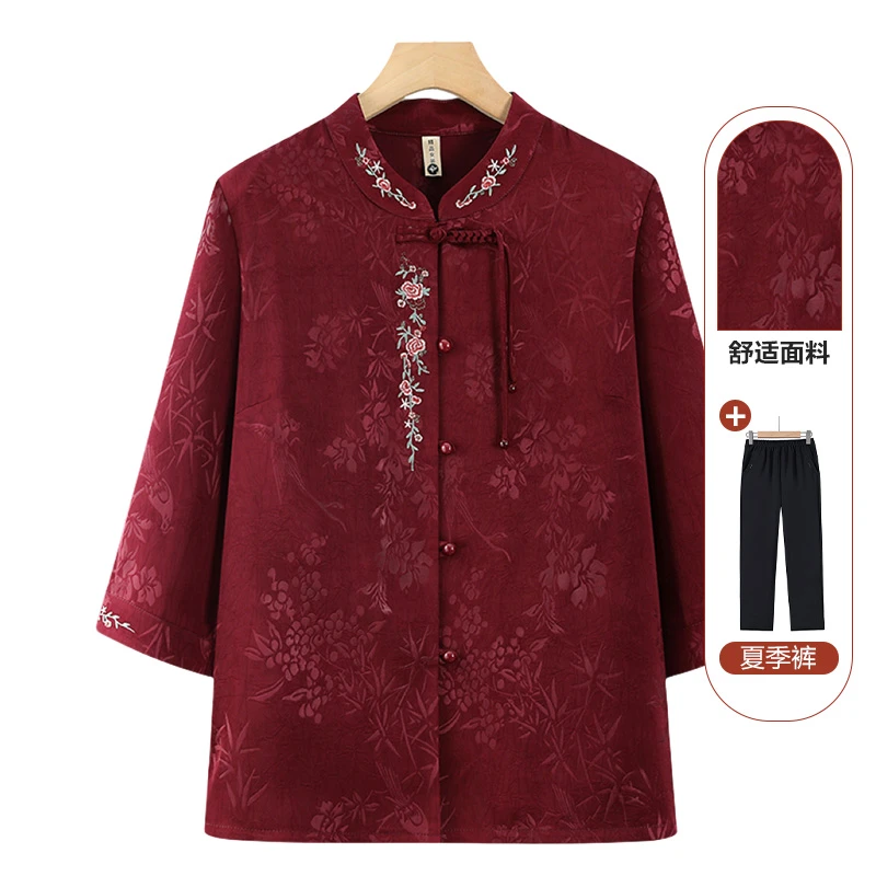 奶奶夏装衬衣老太太圆领七分袖开衫上衣女妈妈2025新款唐装衬衫薄