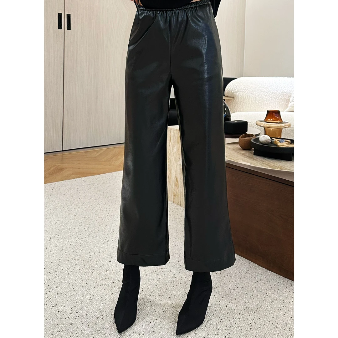 紫紫  黑骑士皮纹裤 轻盈柔韧呼吸皮松紧宽腰头直筒裤ZD08KZYL678