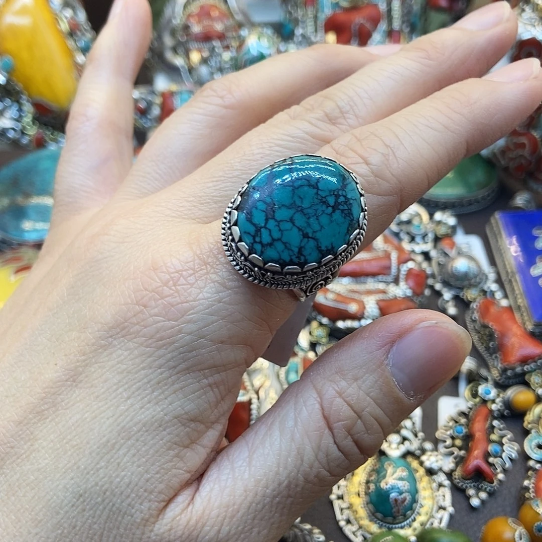 绿松石银S925镶嵌颈饰坤尼泊尔手工制作