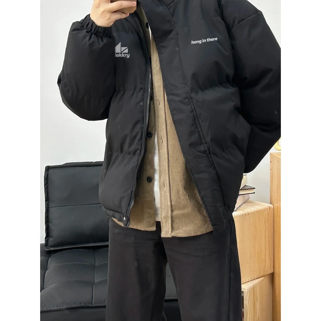 美式创意几何字母印花立领棉服男冬季宽松百搭情侣款保暖面包服女