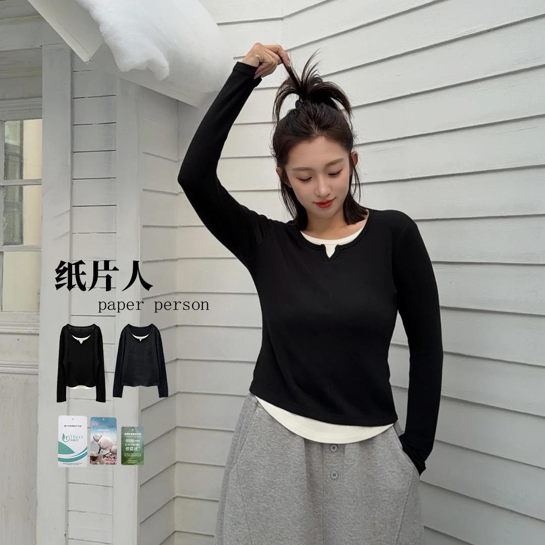 【纸片人】棉绒小半开门假两件长袖成人女装秋季修身打底衫 J008