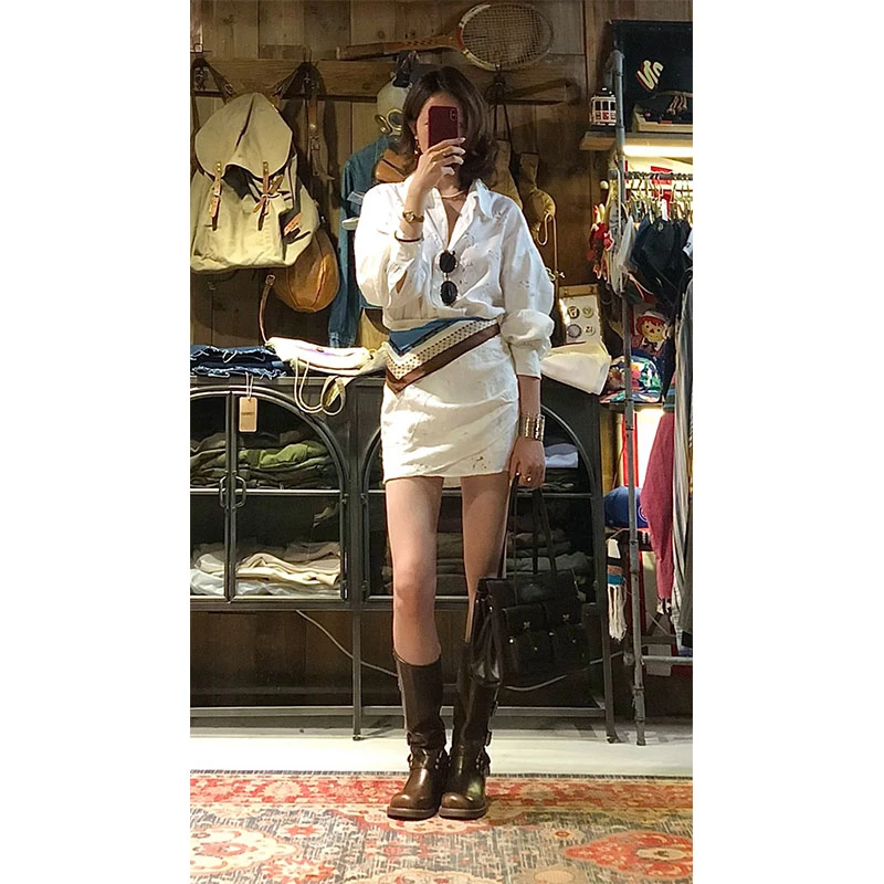 韩系气质白色镂空长袖衬衫连衣裙女夏季绝美收腰显瘦度假风短裙子