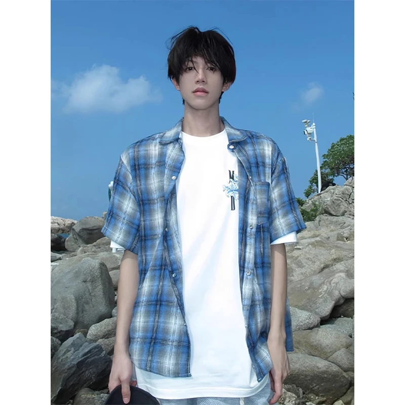 蓝色格子短袖衬衫男款夏季阳光干净男生穿搭衬衣高级感美式薄外套