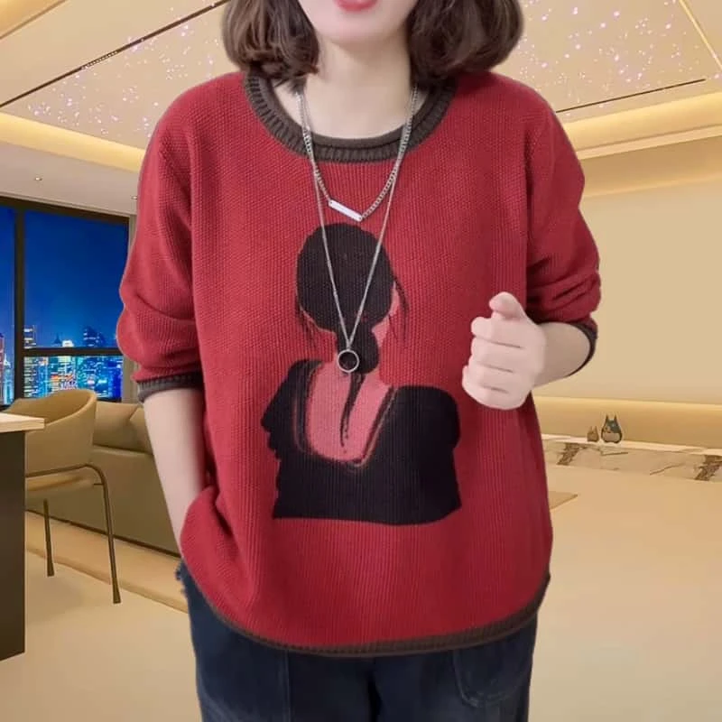 秋冬宽松撞色印花针织衫毛衣女士2024新款休闲加厚保暖打底衫上衣