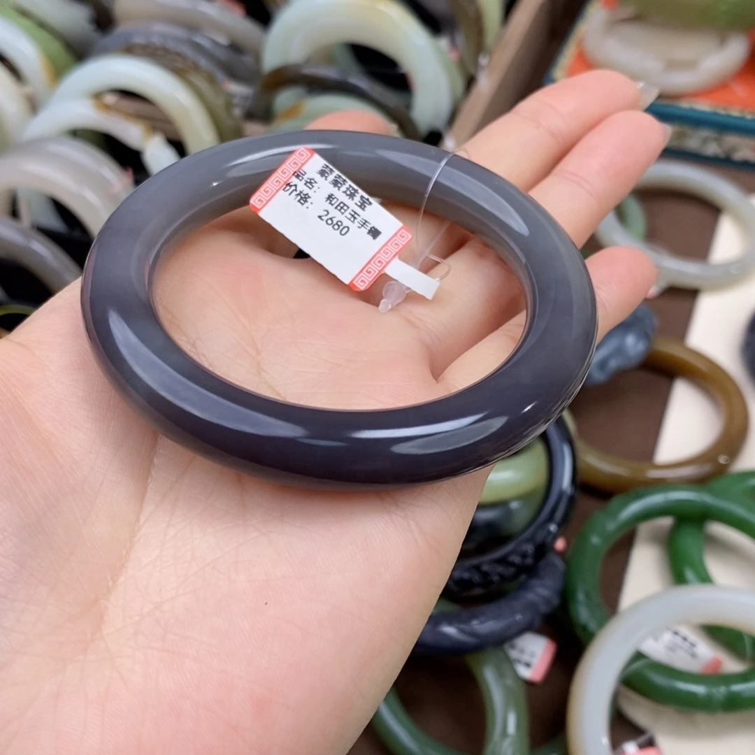 华***子和田玉未镶嵌手镯烟紫渐变手镯57.3#