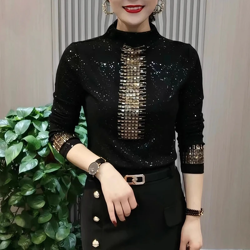 秋冬新款时尚半高领烫钻长袖打底衫大码遮肚子减龄洋气上衣妈妈装