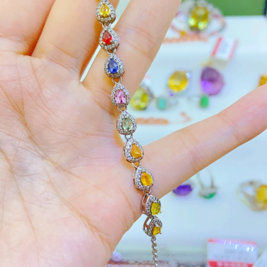 手链彩色蓝宝石银S925镶嵌