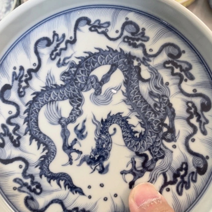 瓷片青花腾龙四海壶承