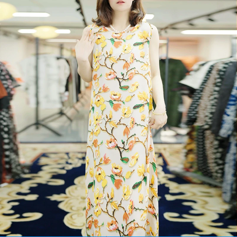夏季新款女装时尚气质印花百搭高腰吊带背心连衣裙洋气妈妈装6438