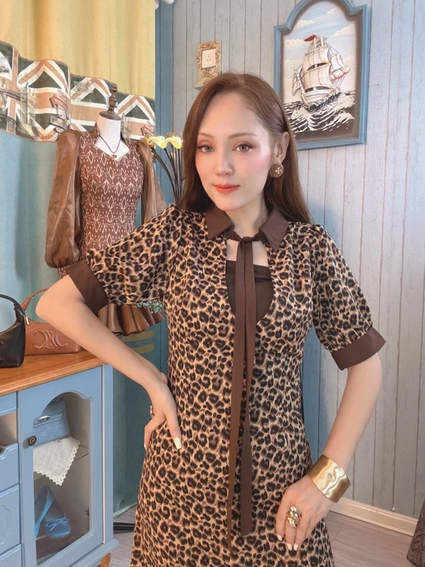豹纹花型法式风格时尚大气优雅连衣裙（送裹胸）