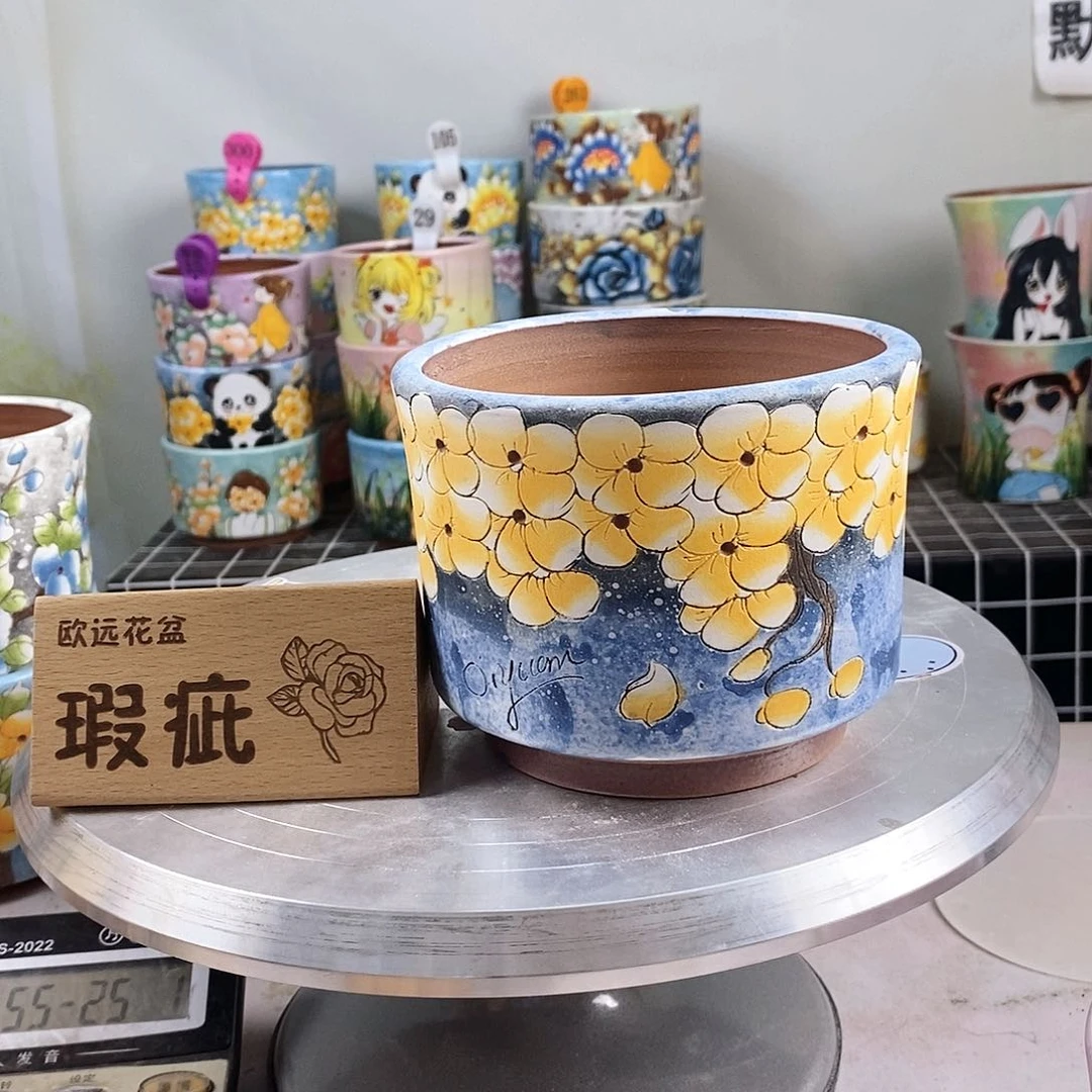 紫砂花盆红陶手绘花盆