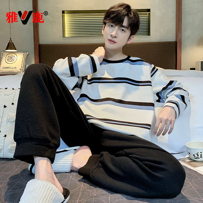 雅鹿睡衣男士春秋季长袖大码圆领男款休闲青少年秋冬家居服套装