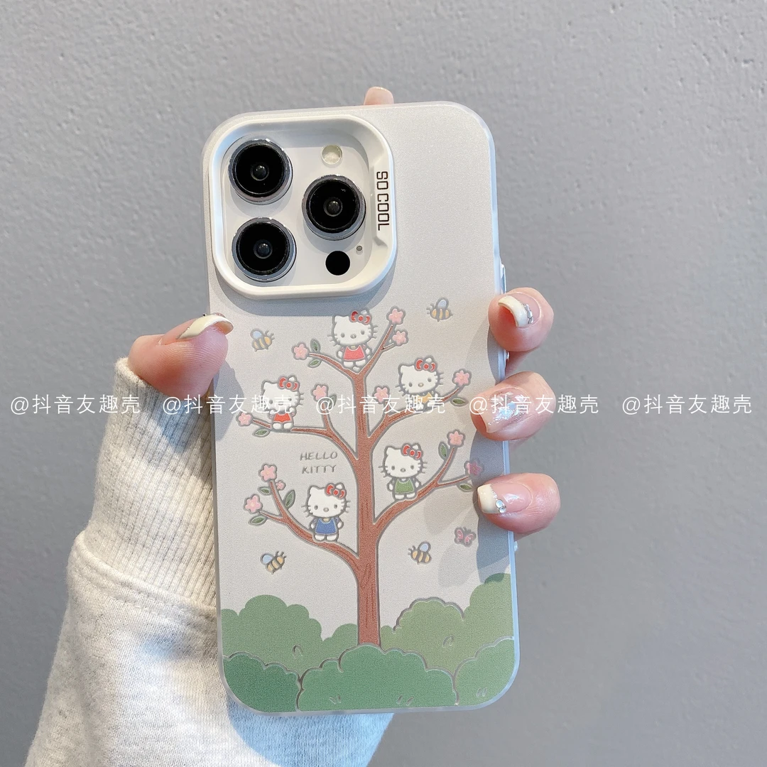 适用于苹果16华为vivo小米oppo荣耀磨砂彩银手机壳花树凯蒂可爱潮