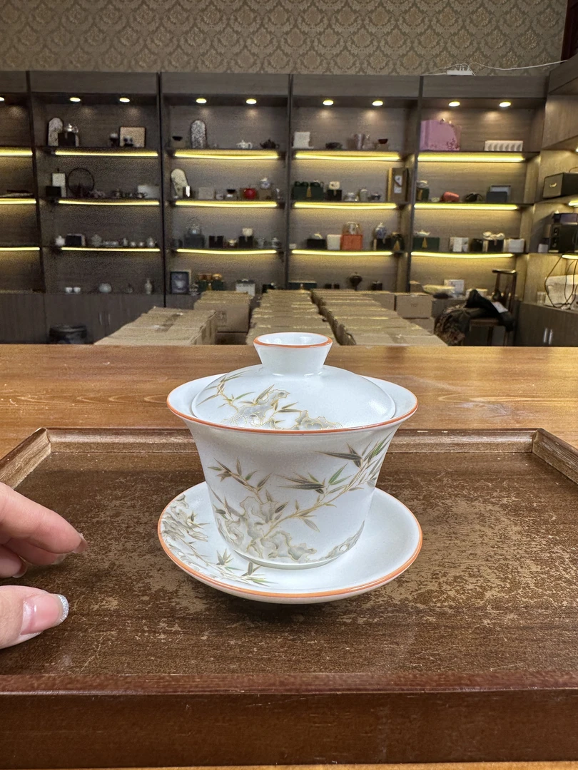 【闪购商品】c竹节竹韵羊脂玉瓷三才盖碗