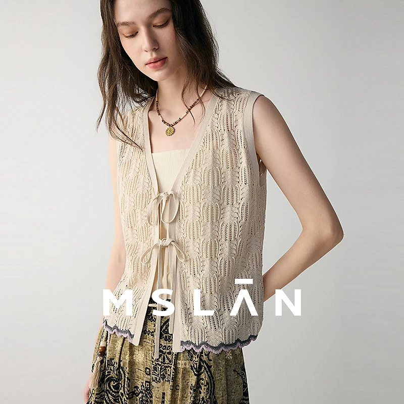MSLAN镂空肌理 法式V领绑带背心淡人穿搭呼吸感撞色马甲MHCH367