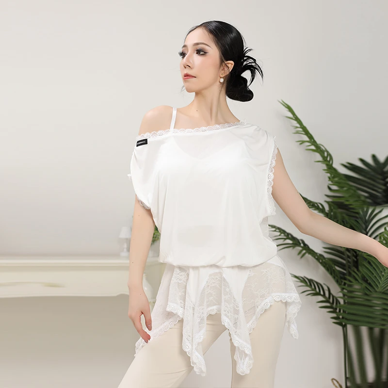 歌瑞亚拉丁舞服女成人舞蹈艺考练功服夏季新百搭蕾丝宽松短袖上衣
