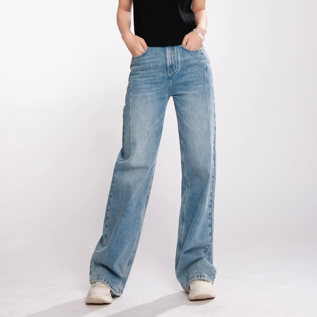 雅宝2025春装新款女士阔腿宽松牛仔裤蓝色休闲百搭时尚牛仔裤子女