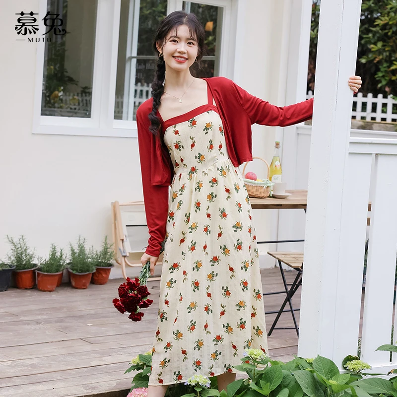 【真两件套】复古碎花吊带连衣裙女2024新款防晒针织开衫两件套装