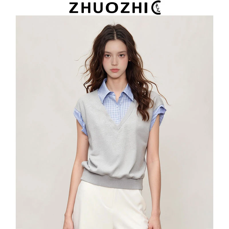 [特价]法式设计感假两件格纹拼接T恤女2025夏季新款休闲百搭上衣