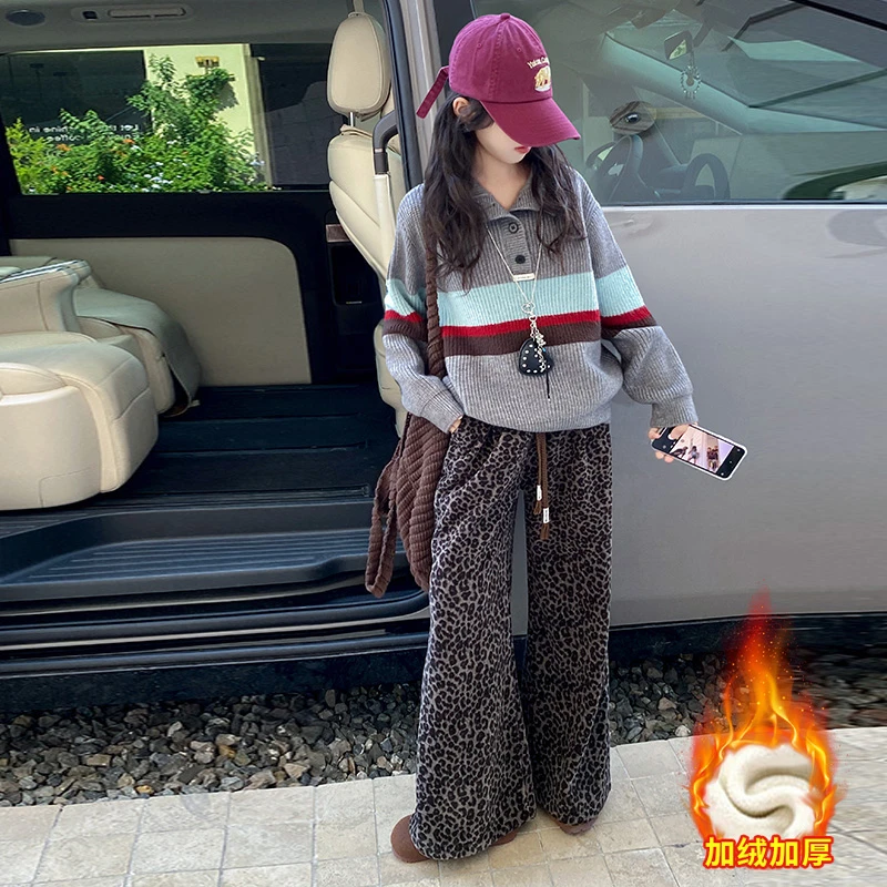 女童套装秋冬款2025新款中大童冬季加绒加厚时尚豹纹套装