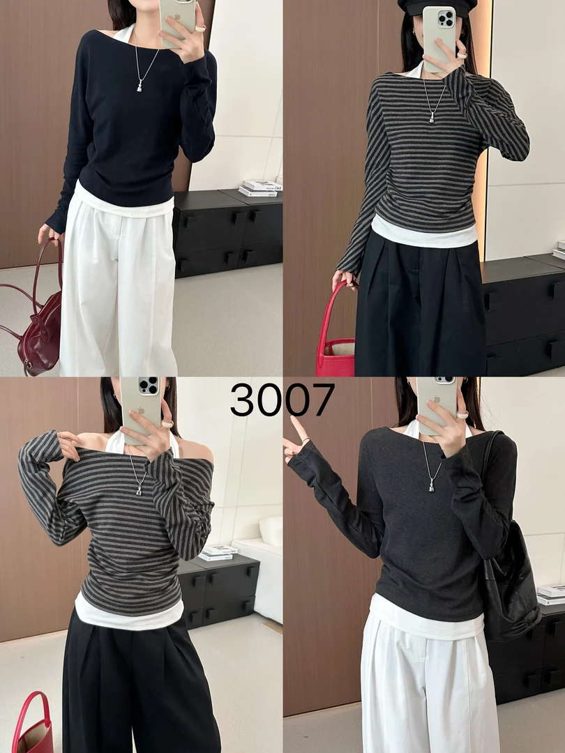 3007#秋款假两件长袖衫