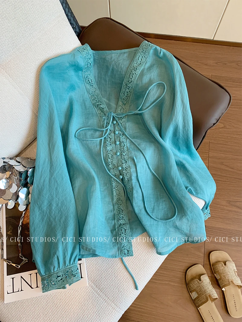 新中式系带V领苎麻长袖衬衫女早秋2025新款高级感静奢风女士罩衫
