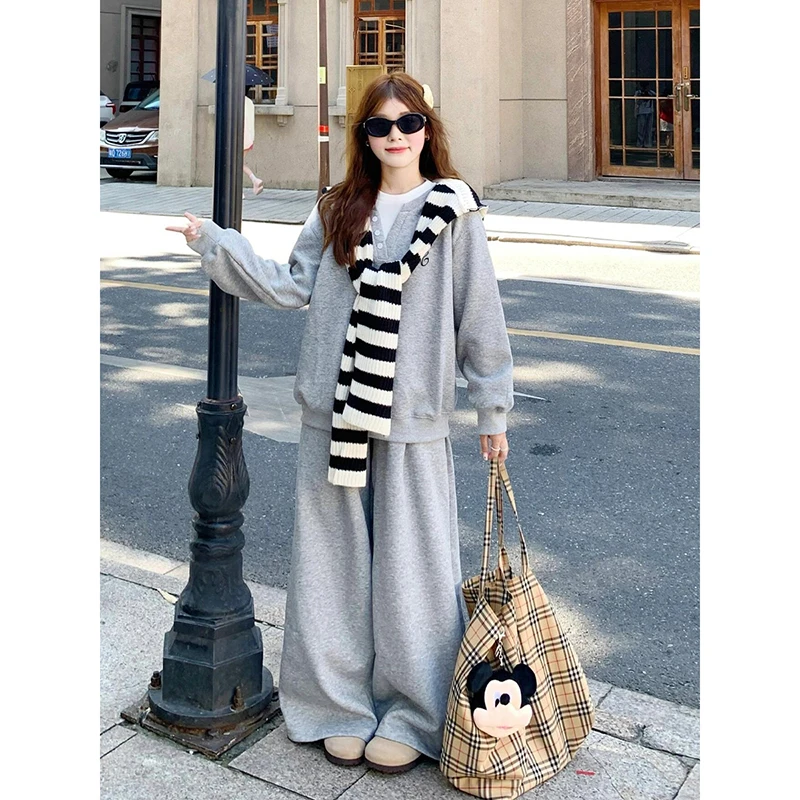 韩系洋气春秋套装女新款假休闲风长袖卫衣秋上衣披肩阔腿裤三件套