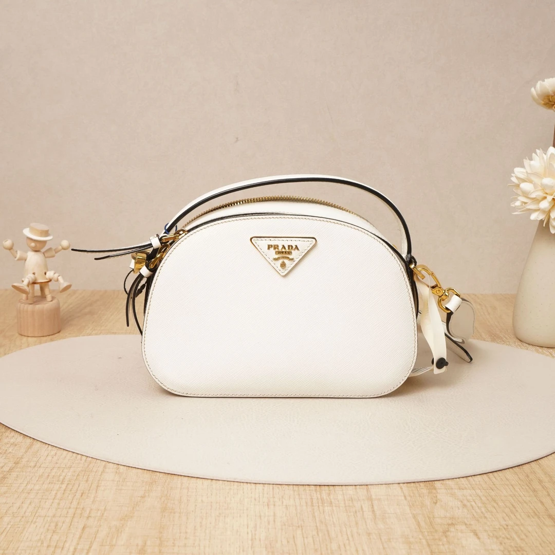95新 Prada/普拉达 odette保龄球包白色/肩带DS029118