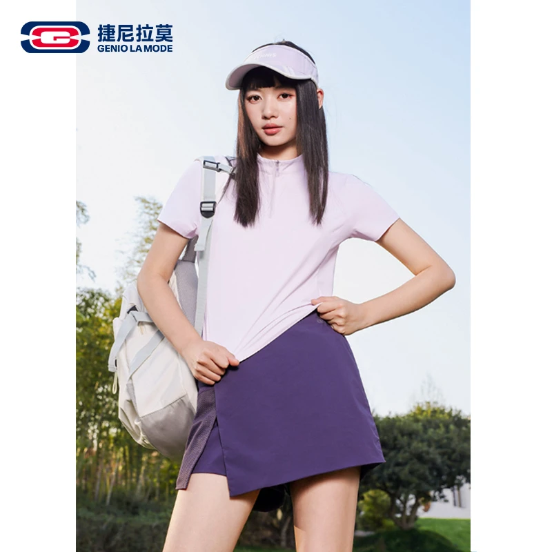 浅紫抗菌速干防晒短袖t恤女2025夏季穿搭中学生半拉链翻领polo衫