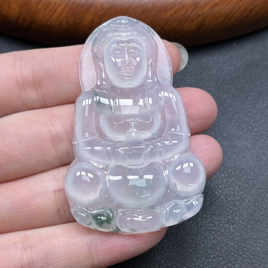 天然缅甸A货冰种木纳雪花棉飘花正装观音翡翠直播60.5/39/6.3