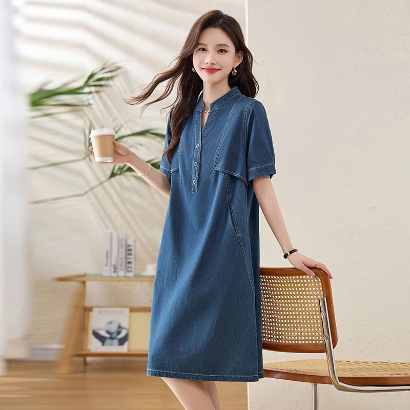 牛仔连衣裙女夏季薄款2025新款爆款宽松遮肚休闲复古气质妈妈裙子