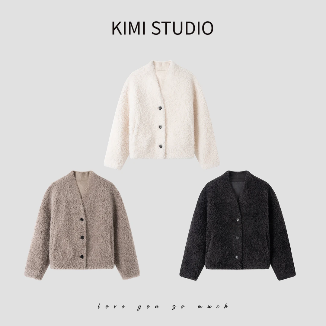 AW251119   秋冬100%羊毛V领短款皮毛一体外套