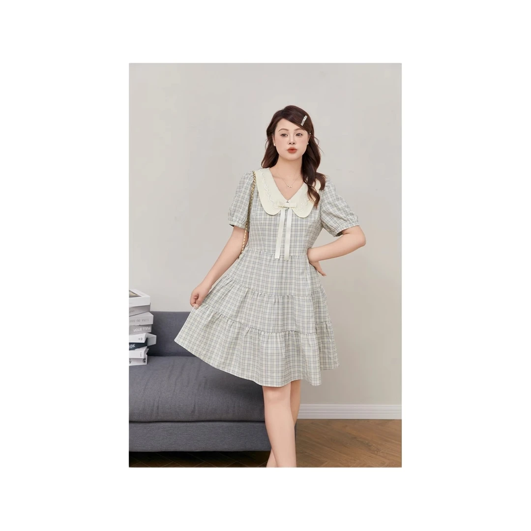 【学院风】减龄格子长短款甜美娃娃领连衣裙 1338