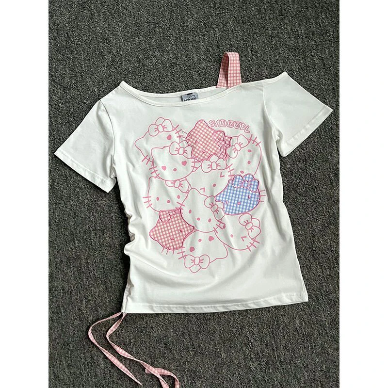 慵懒风斜肩吊带短袖T恤女夏季设计感不规则抽褶绑带宽松学生上衣