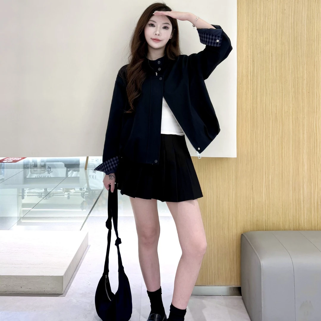 拉夏贝尔2025秋季韩版宽松显瘦长袖格子拼接翻领外套女百搭夹克潮