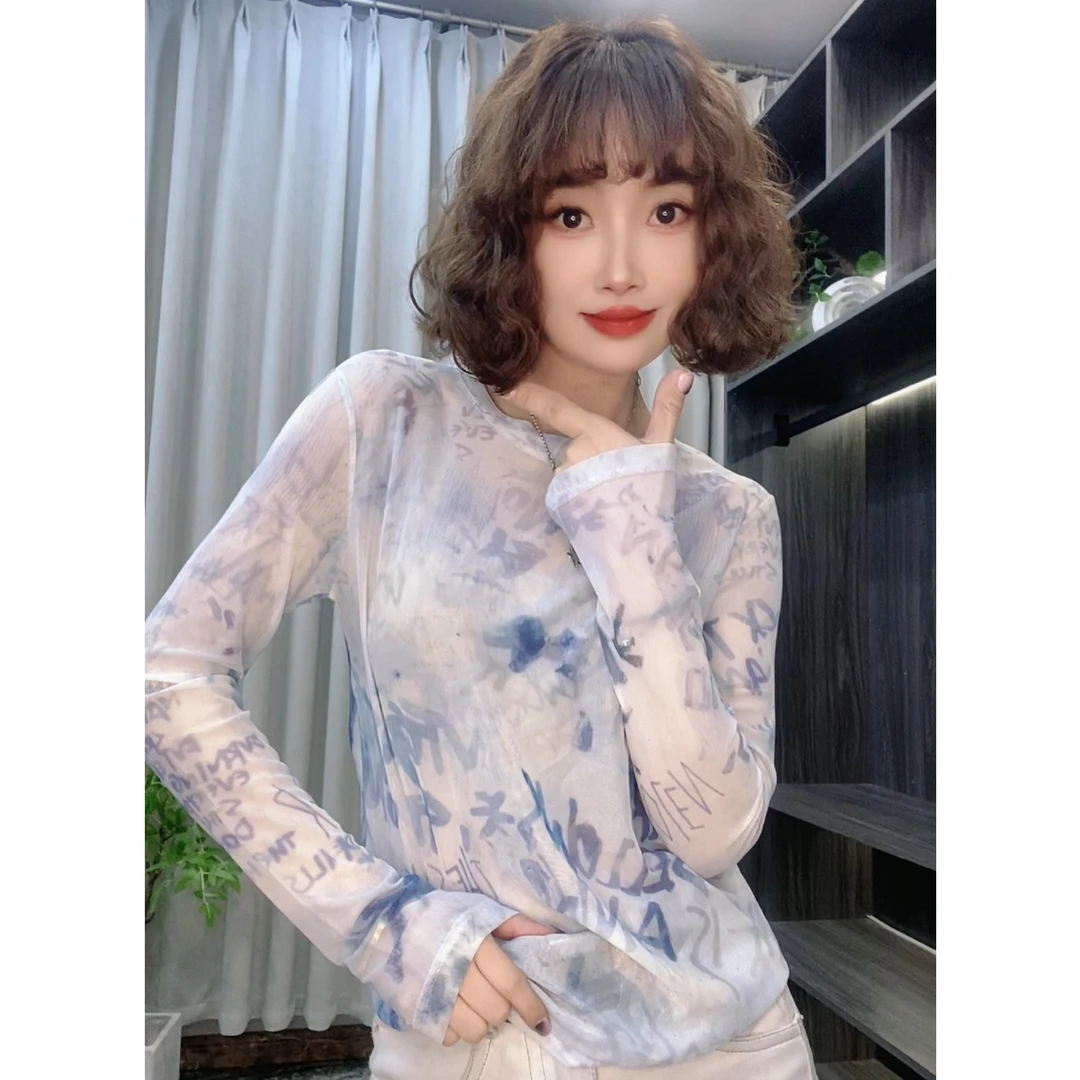 夏季新款涂鸦网纱T恤时尚减龄百搭圆领防晒穿搭上衣