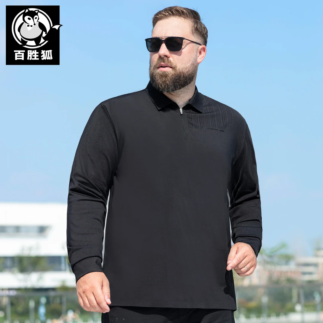 百胜狐翻领T恤男2025秋季胖子加肥加大码宽松休闲打底衫长袖上衣