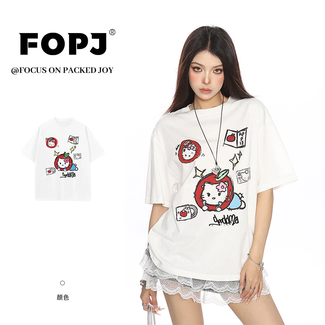 FOPJ韩系kitty印花短袖t恤女2025夏季新款套头学院风圆领休闲上衣