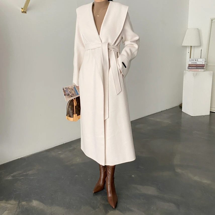 韩国chic复古优雅气质宽松披肩领系带长款毛呢外套呢子大衣时尚