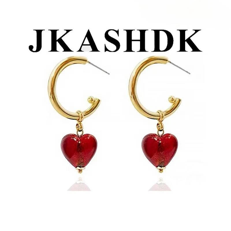 JKASHDK 铜合金琉璃耳饰 小号意大利手工琉璃ins爱心耳钉小众耳环