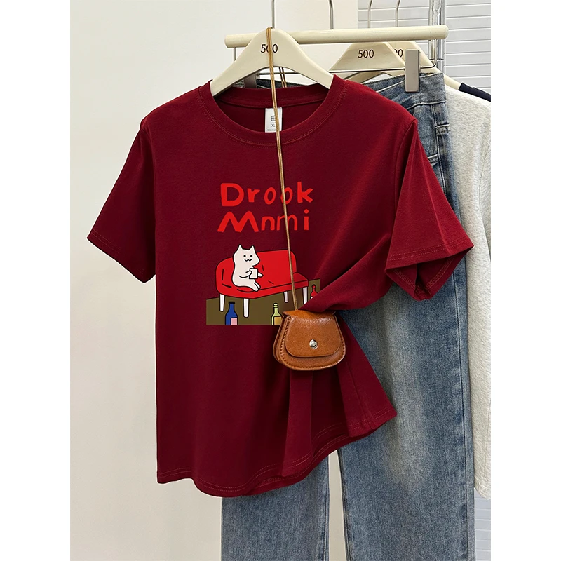 正肩短袖t恤大码女装胖mm时尚圆领洋气小猫印花显瘦半袖新款上衣