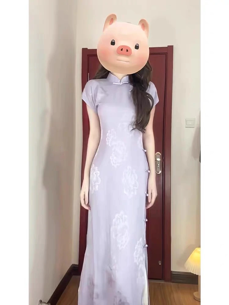 【C100】新中式民国风女装改良紫色旗袍年轻款素雅复古盘扣连衣裙
