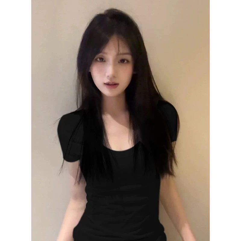 纯欲风简约大U领掐腰短袖t恤女夏季韩系辣妹修身显瘦打底正肩上衣